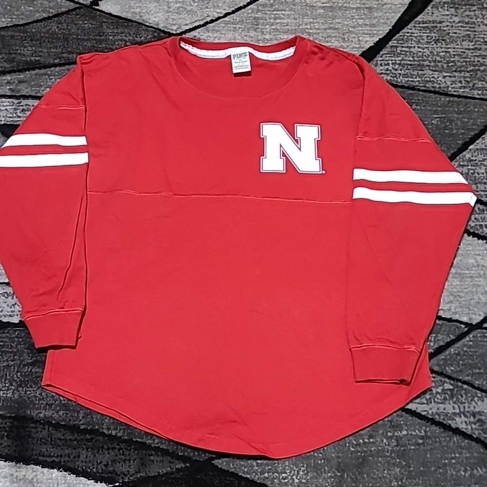 VS PINK 2014 CAMPUS NEBRASKA CREW STRIPE LOGO LONG-SLEEVE TEE-SHIRT
